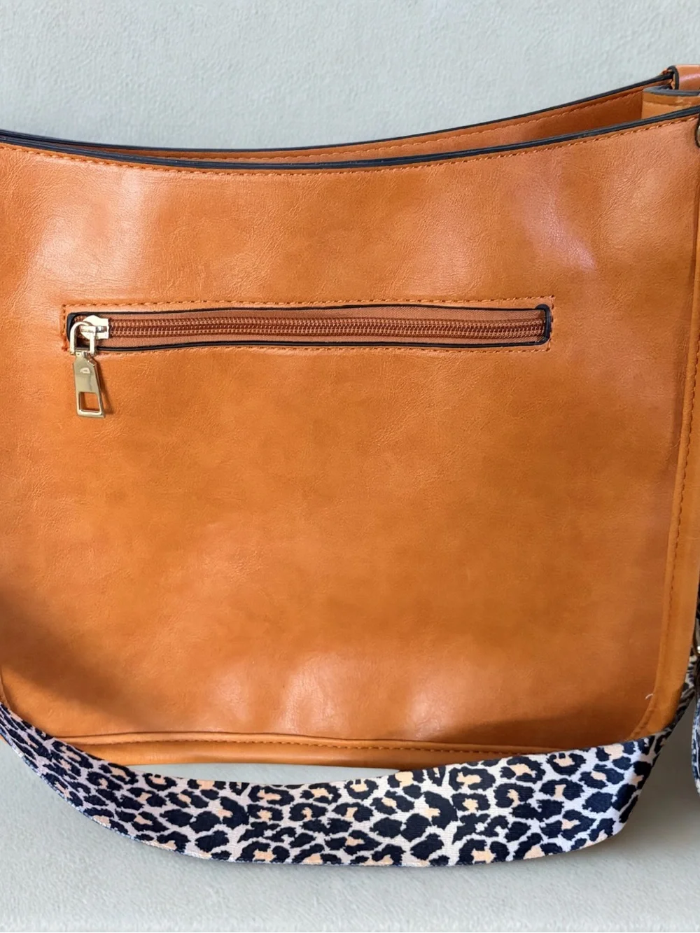 Cognac Brown Faux Leather Hobo Bag with Leopard Canvas Guitar Strap